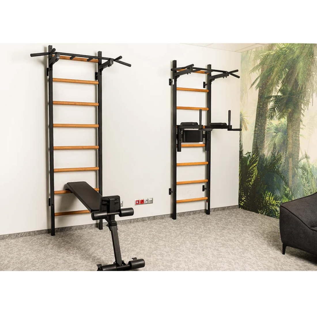 Set of two wall bars with BenchK B1 Workout Bench black version installed.