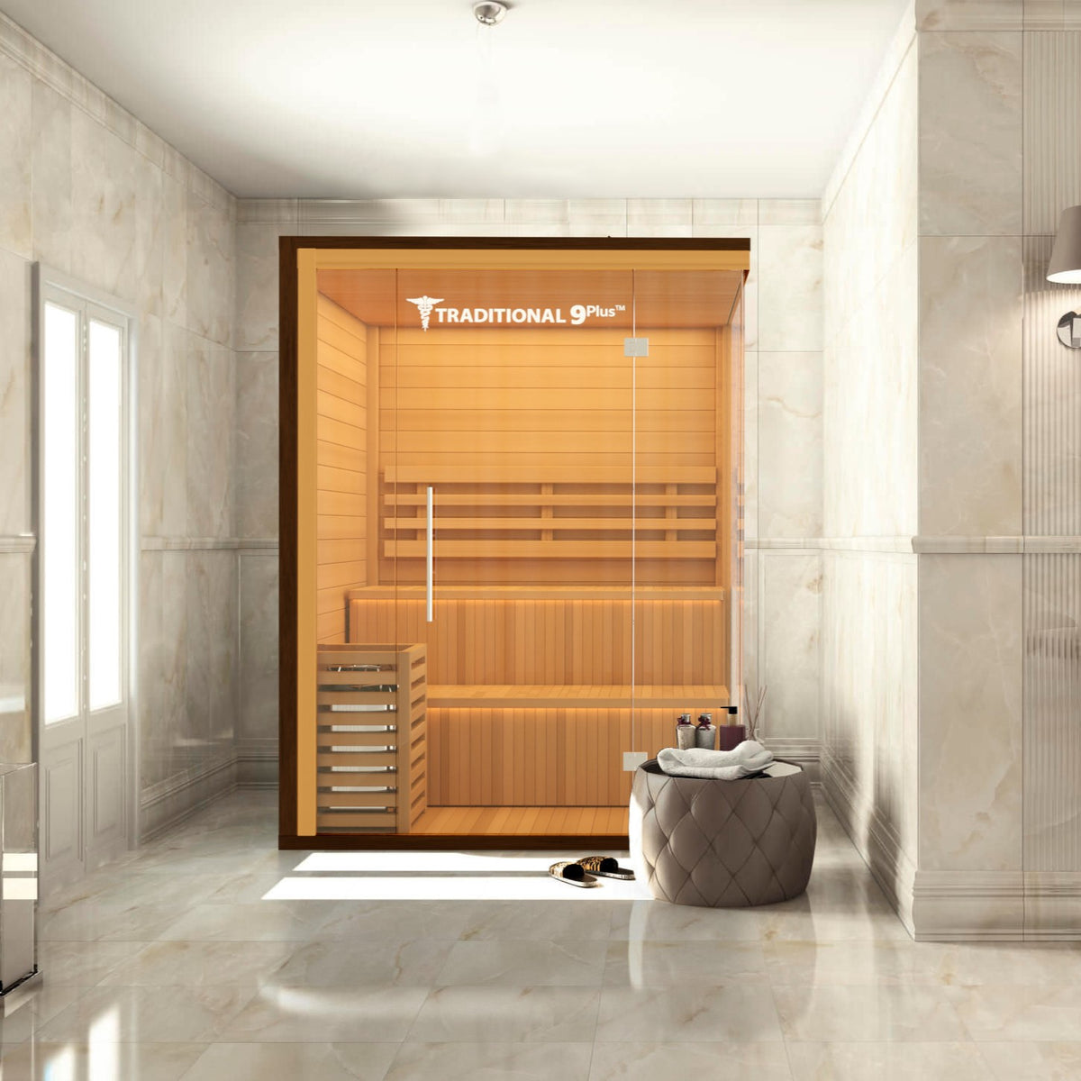 Medical Sauna Traditional 9 Plus Indoor Sauna 3-6 People in an indoor setting.