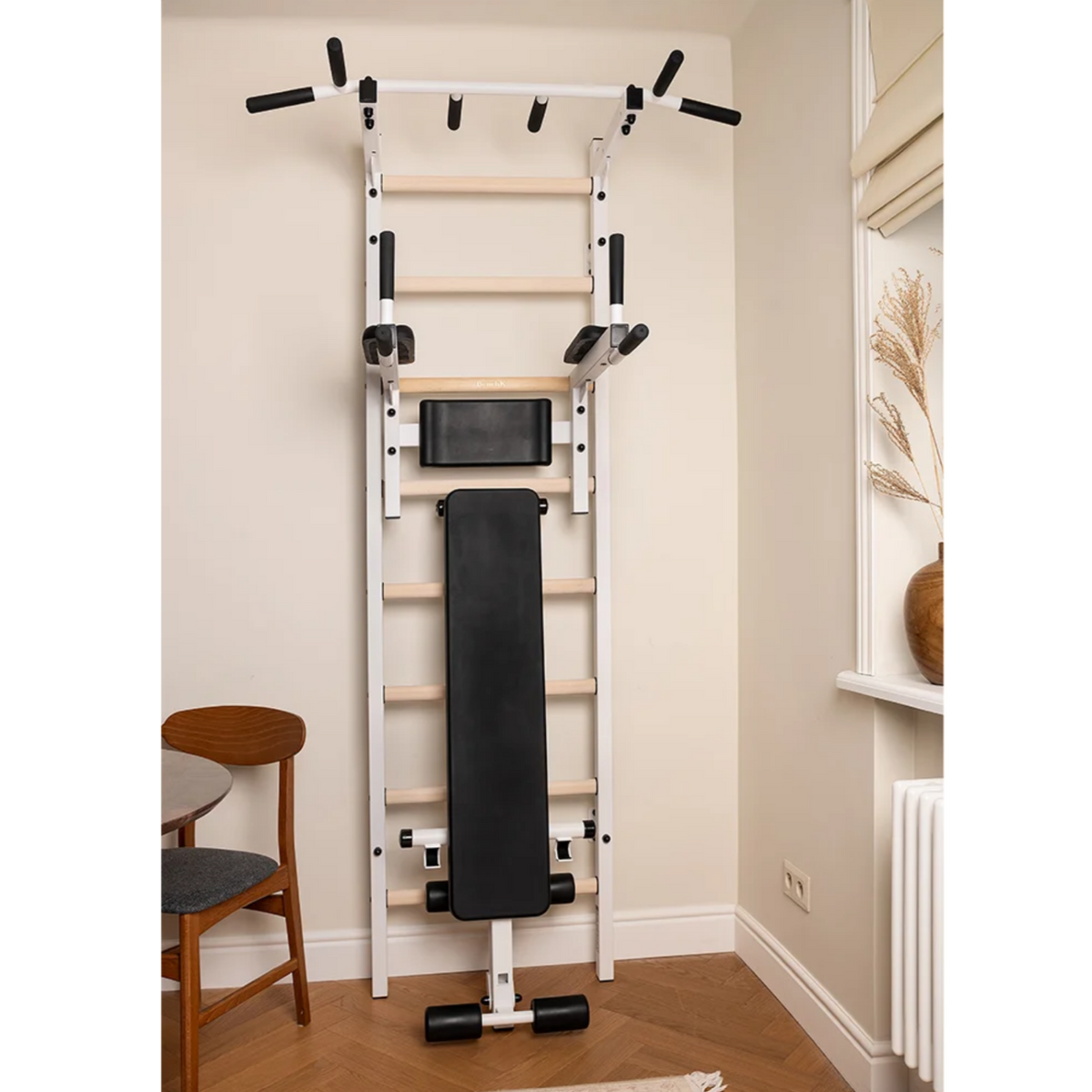 BenchK 223 Wall Bars &amp; Gymnastic Ladders white version in a living room.