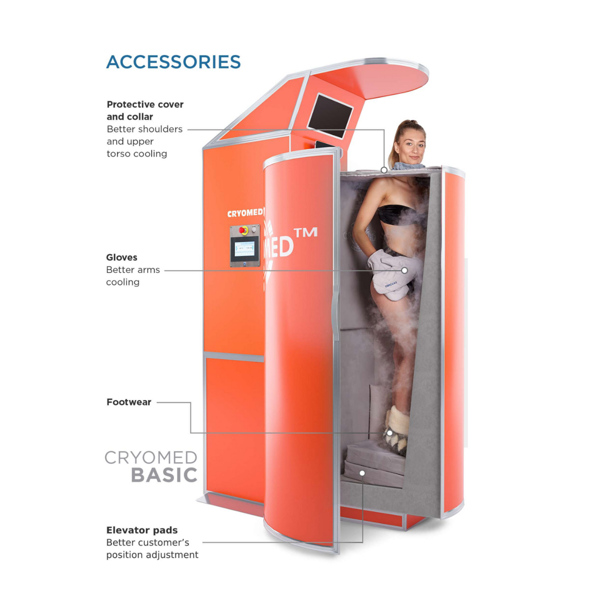 Cryomed Basic Cryosauna with accessories and a user inside.