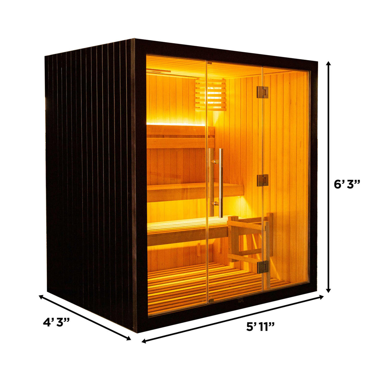 Measurements of Aleko Canadian Hemlock Black Finish Traditional Indoor Sauna.