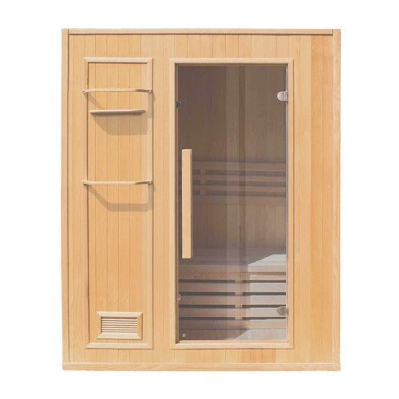 Front view of Aleko Canadian Hemlock Indoor Wet/Dry Sauna 3 Person.