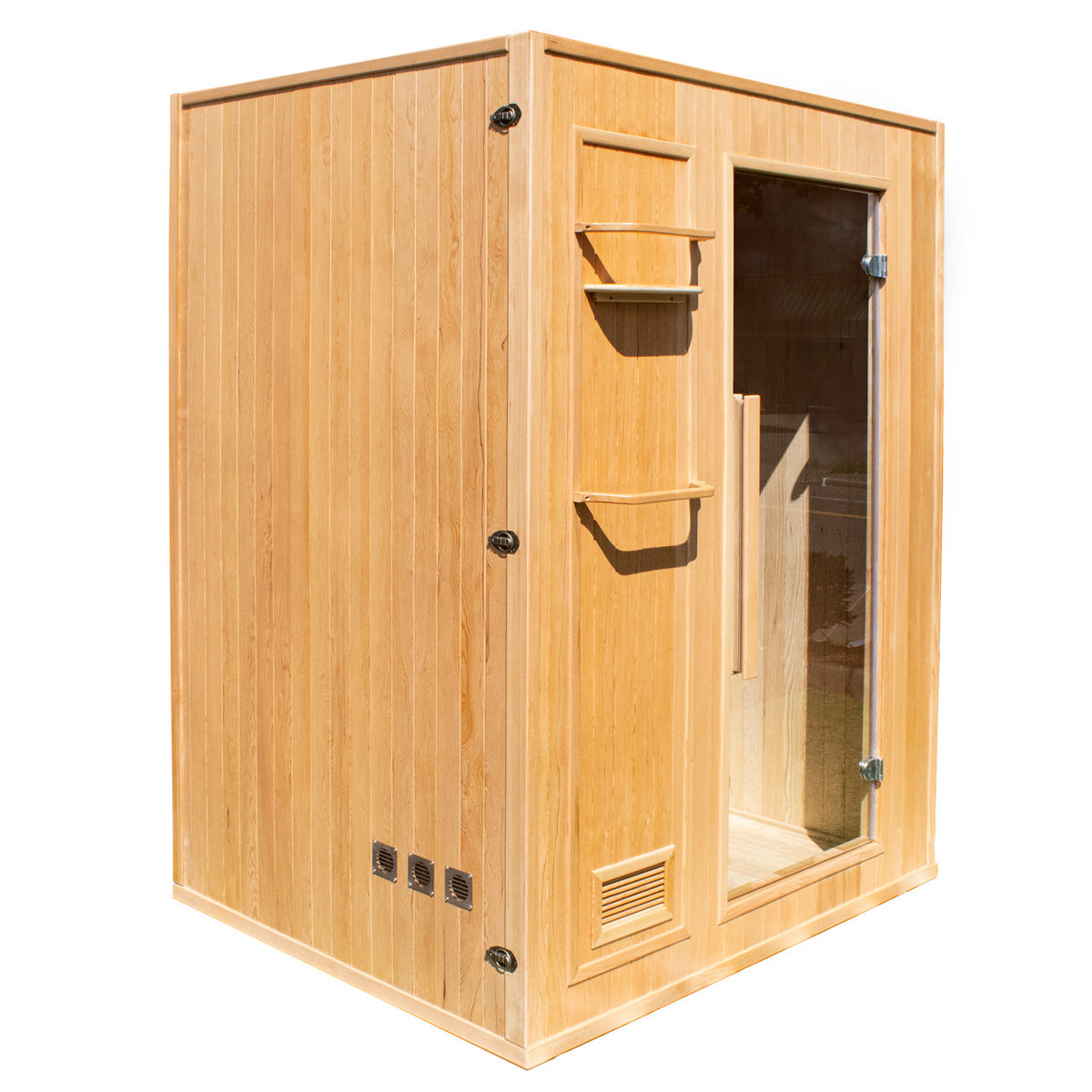 Side view of Aleko Canadian Hemlock Indoor Wet/Dry Sauna.