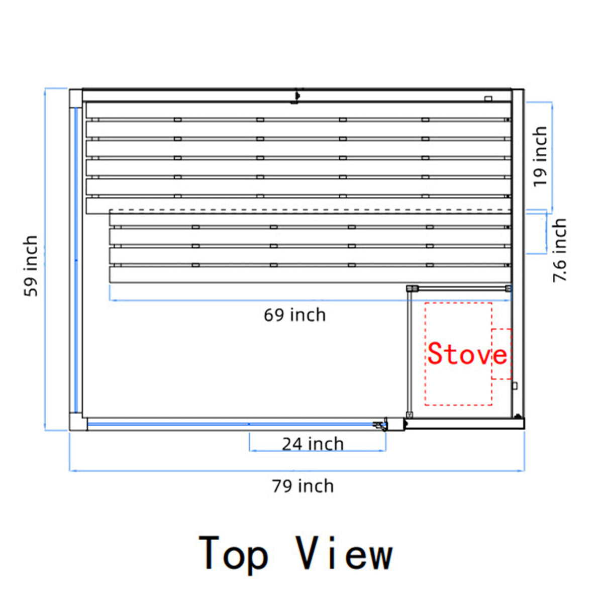 Top view dimensions of Aleko Canadian Hemlock Indoor Wet/Dry Sauna with LED Lights 4/6 Person with 4.5 kW UL Certified Heater.