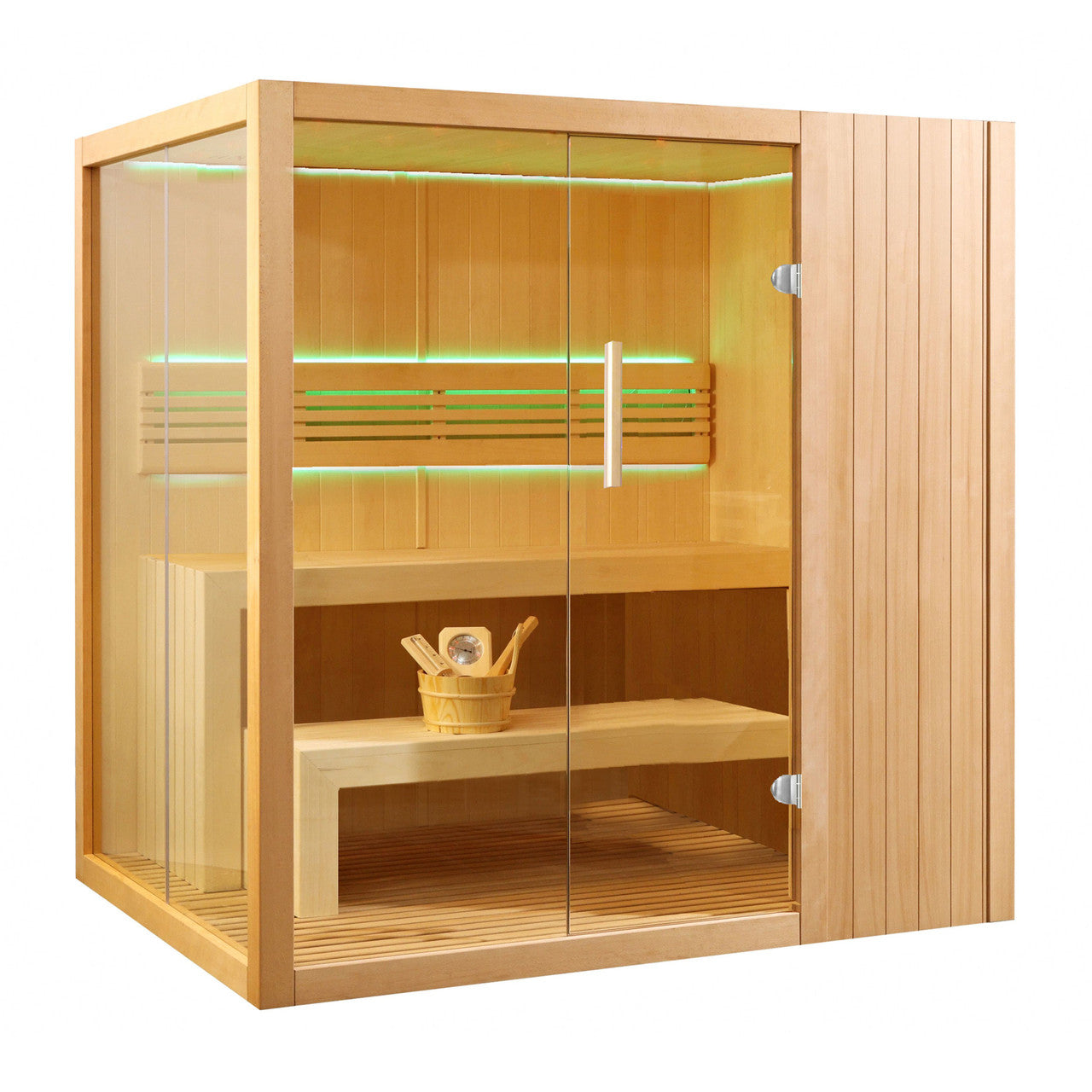 Front view of Aleko Canadian Hemlock Indoor Wet/Dry Sauna with LED Lights 4/6 Person with 4.5 kW UL Certified Heater. 