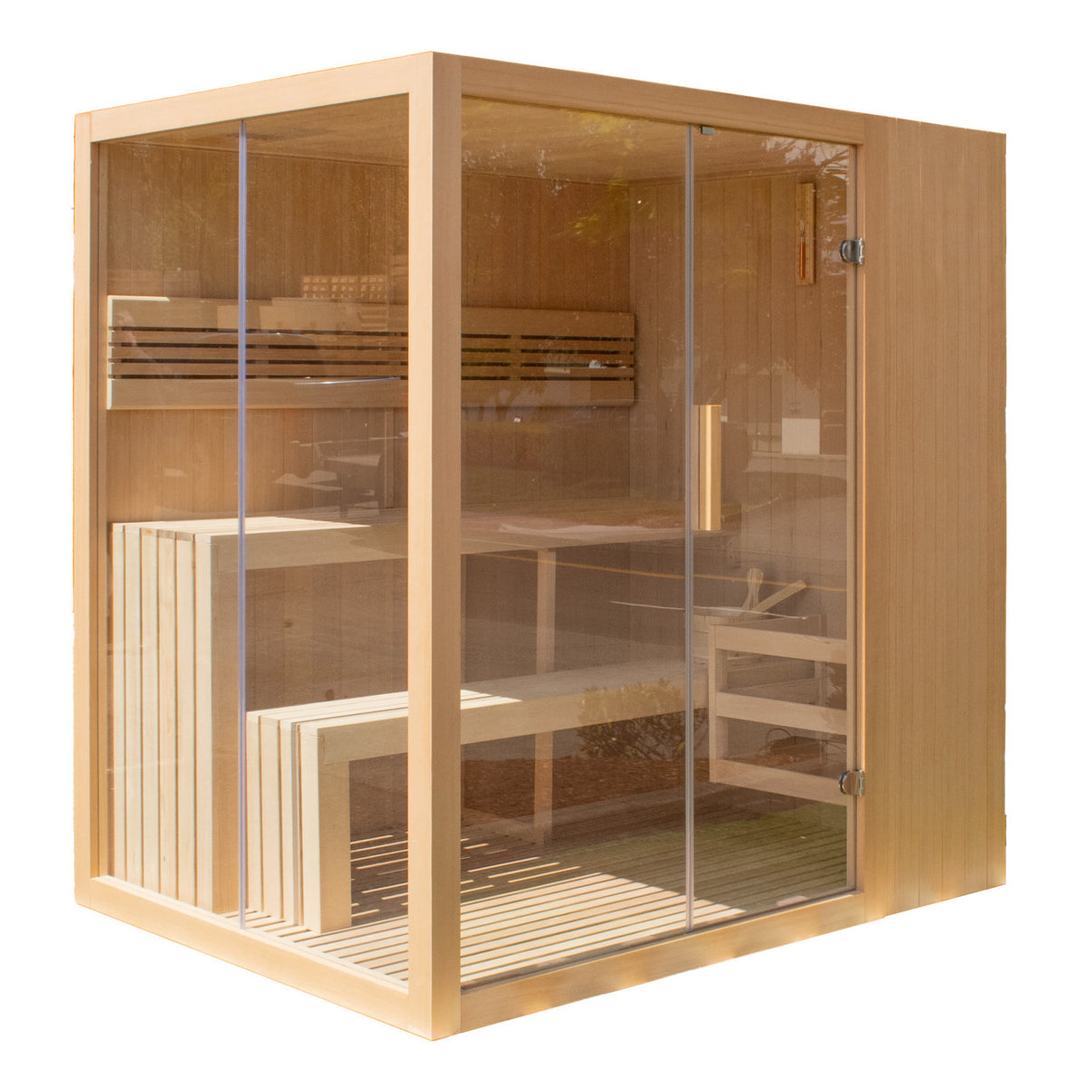 Aleko Canadian Hemlock Indoor Wet/Dry Sauna with LED Lights 4/6 Person with 4.5 kW UL Certified Heater on a white background.