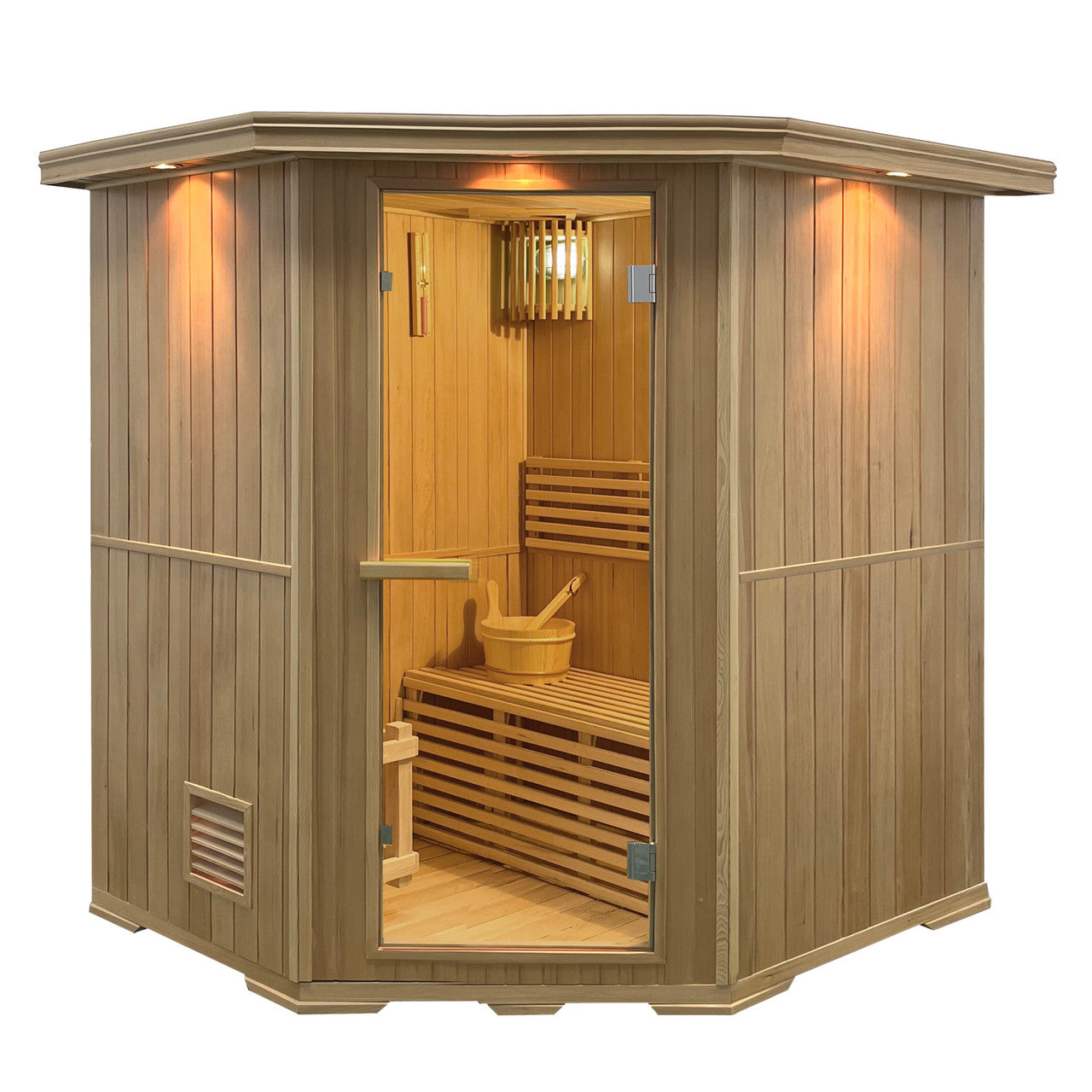 Front view of Aleko Canadian Hemlock Wet/Dry Indoor Sauna 6 Person with 6kW UL Certified Heater.