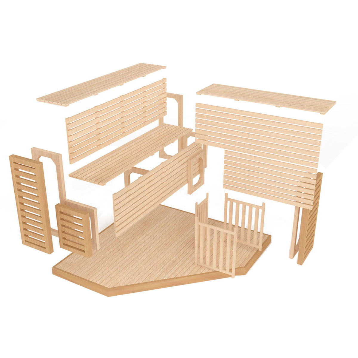 Benches disposition of an Aleko Canadian Hemlock Indoor Wet/Dry Sauna with LED Lights 5/6 Person.