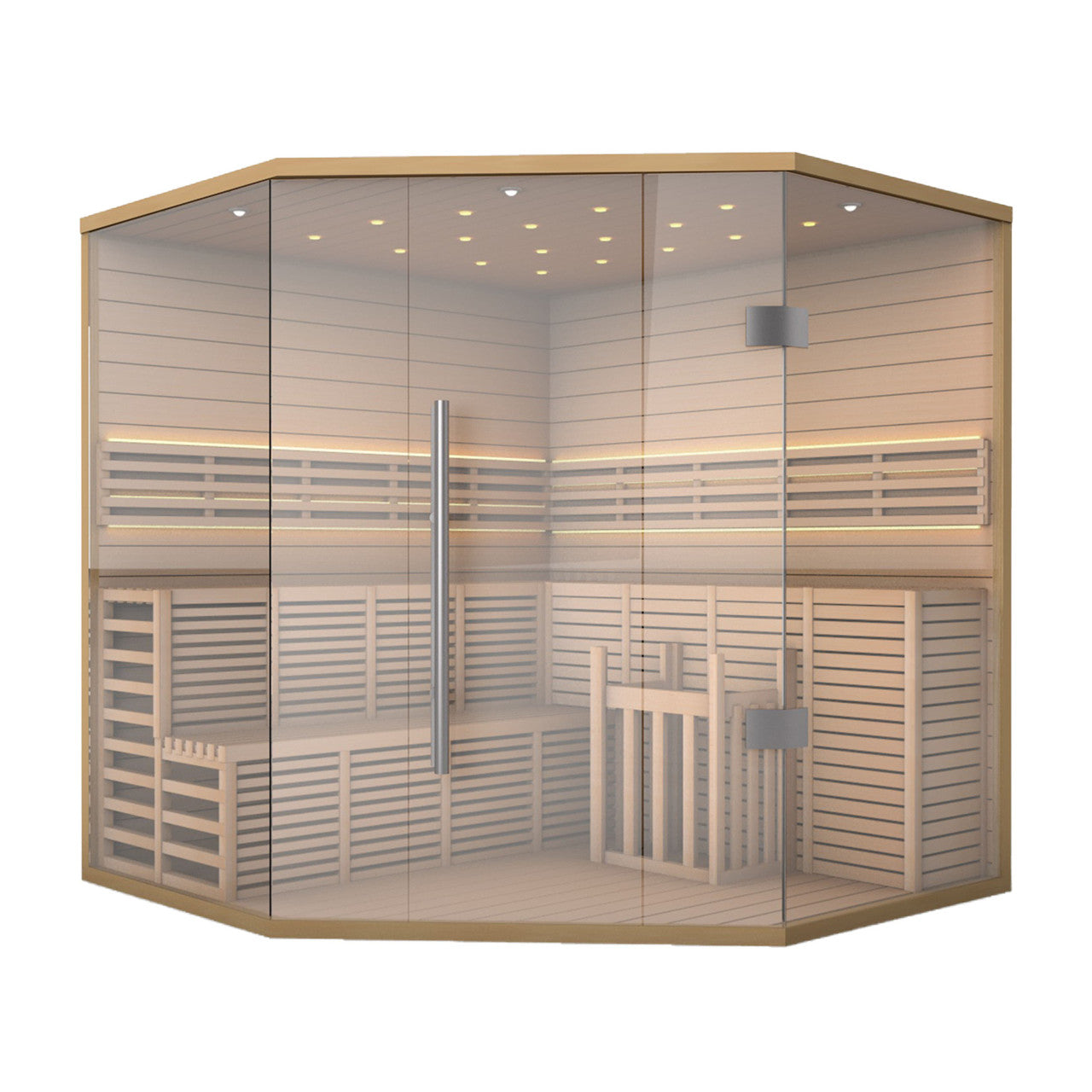 Front view of Aleko Canadian Hemlock Indoor Wet/Dry Sauna with LED Lights 5/6 Person.