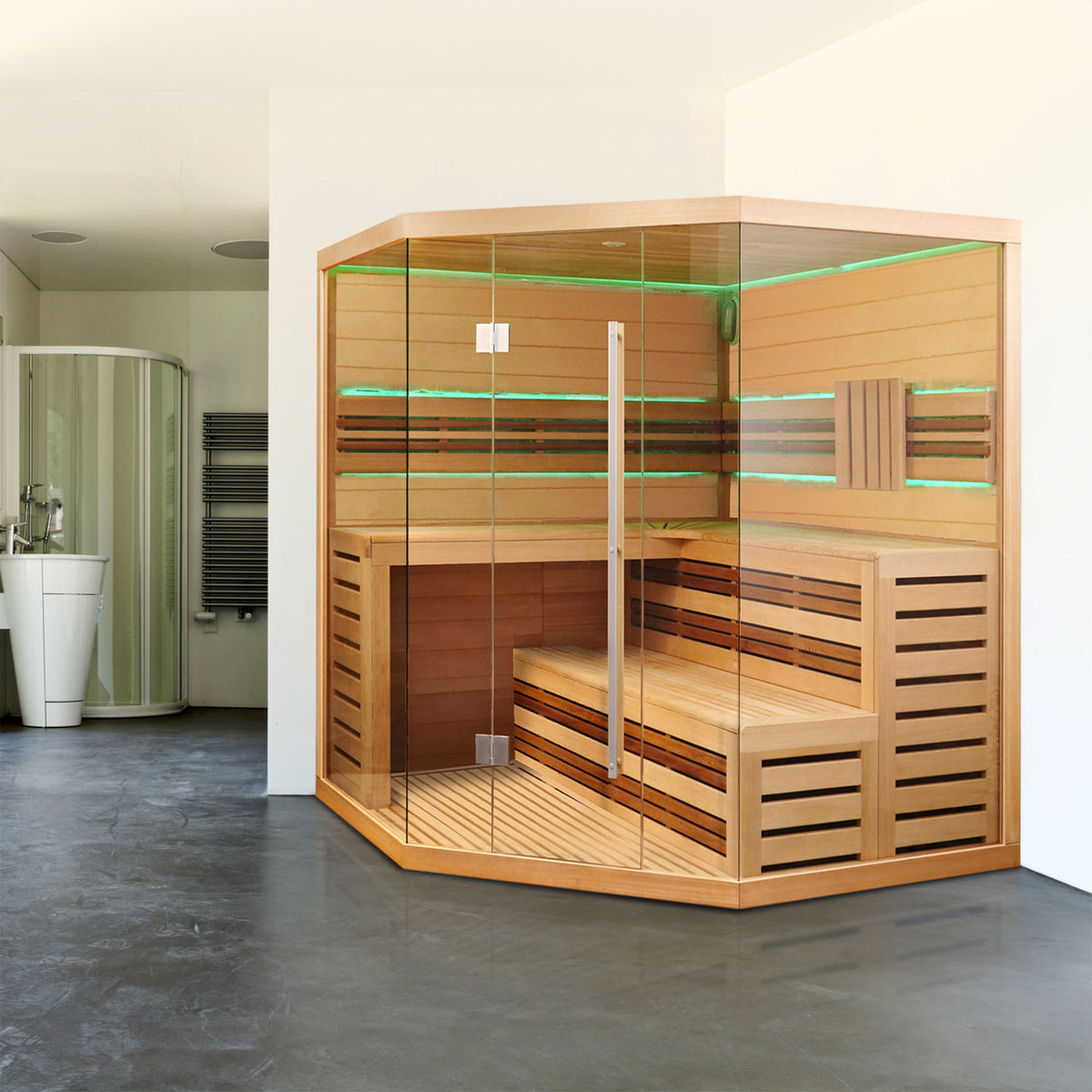 Aleko Canadian Hemlock Luxury Indoor Wet/Dry Sauna with LED Lights 6 Person in a bathroom.