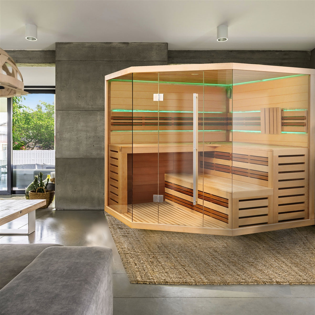 Aleko Canadian Hemlock Luxury Indoor Wet/Dry Sauna with LED Lights 6 Person in a living room.