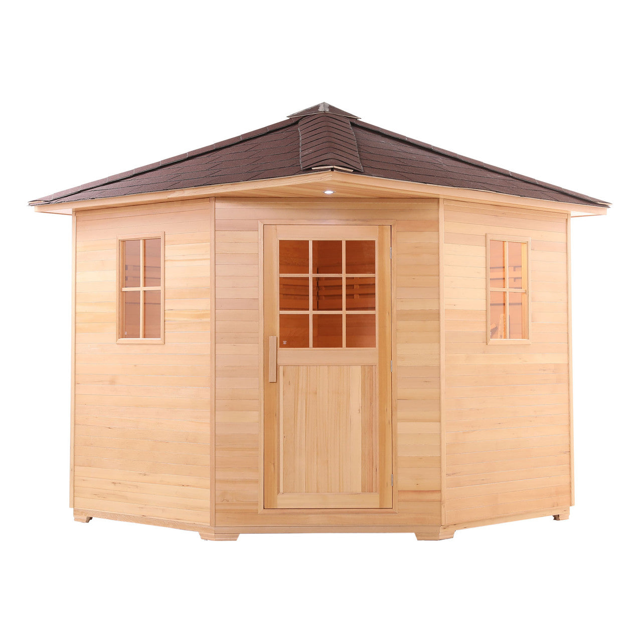 Front view of Aleko Canadian Hemlock Wet/Dry Outdoor Sauna Asphalt Roof 5 Person with 6 kW Electric Sauna Heater.