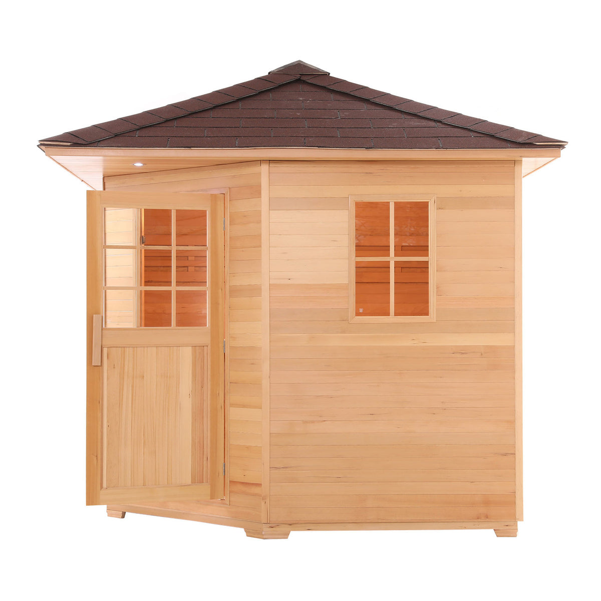 Side view of Aleko Canadian Hemlock Wet/Dry Outdoor Sauna Asphalt Roof 5 Person with 6 kW Electric Sauna Heater.