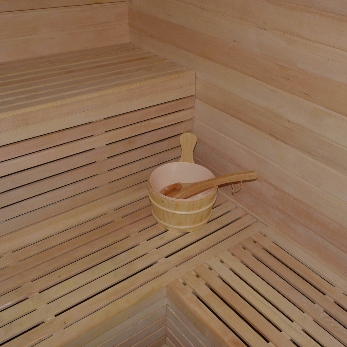 Benches of Aleko Canadian Hemlock Outdoor Wet/Dry Sauna 6 Person with 6 kW Electric Sauna Heater.