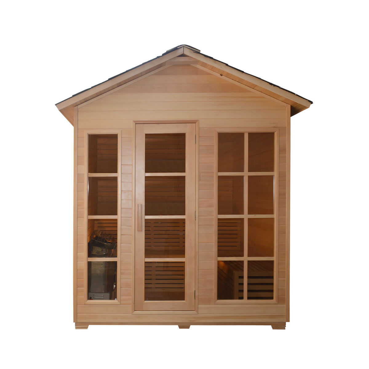 Front view of Aleko Canadian Hemlock Outdoor Wet/Dry Sauna 6 Person with 6 kW Electric Sauna Heater.