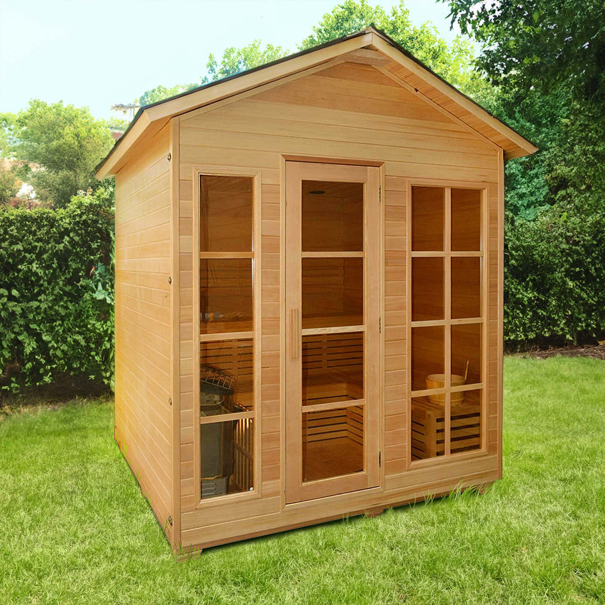 Aleko Canadian Hemlock Outdoor Wet/Dry Sauna 6 Person with 6 kW Electric Sauna Heater in a garden.