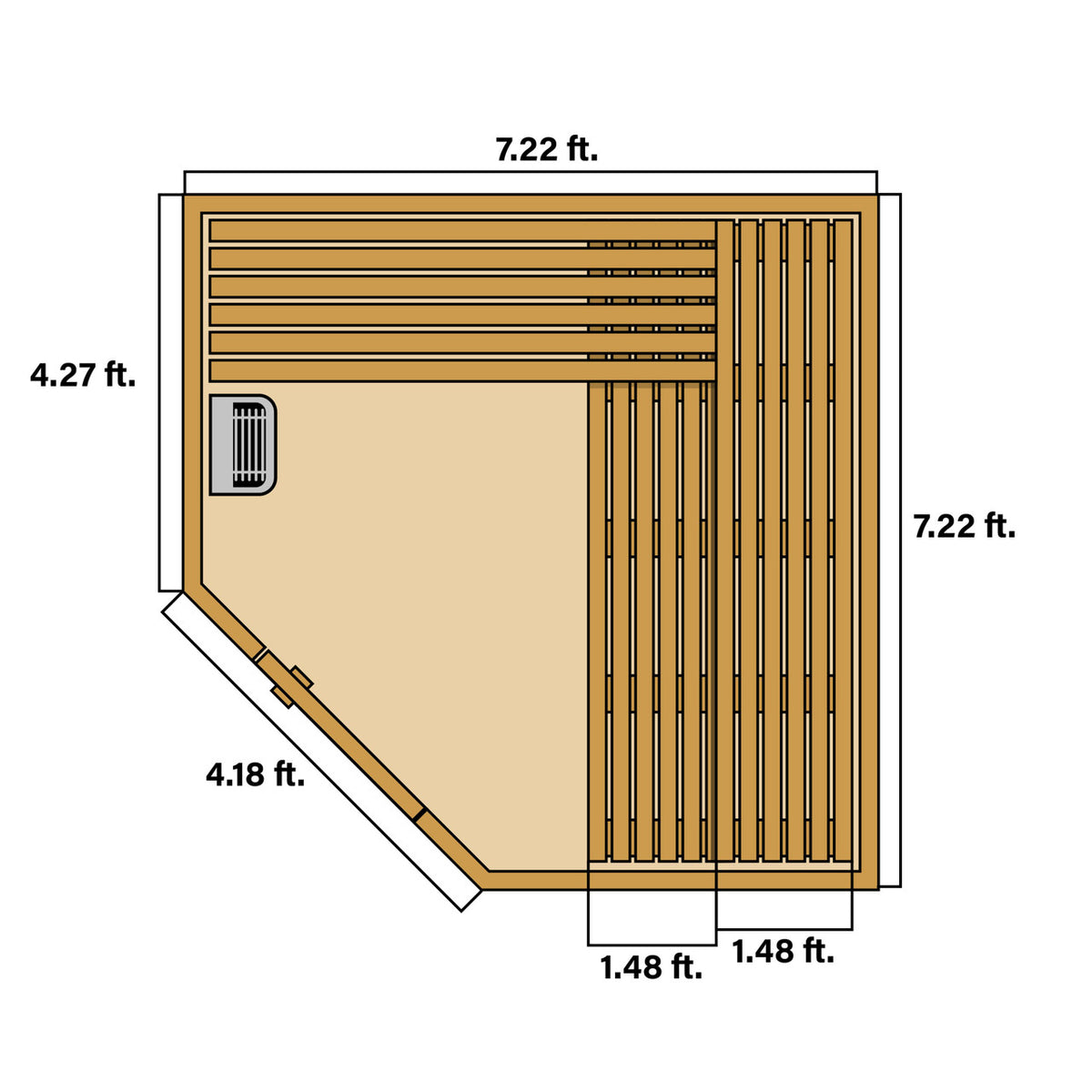 Dimensions of Aleko Canadian Hemlock Wet/Dry Outdoor Sauna Asphalt Roof 8 Person with 8 kW Electric Sauna Heater.