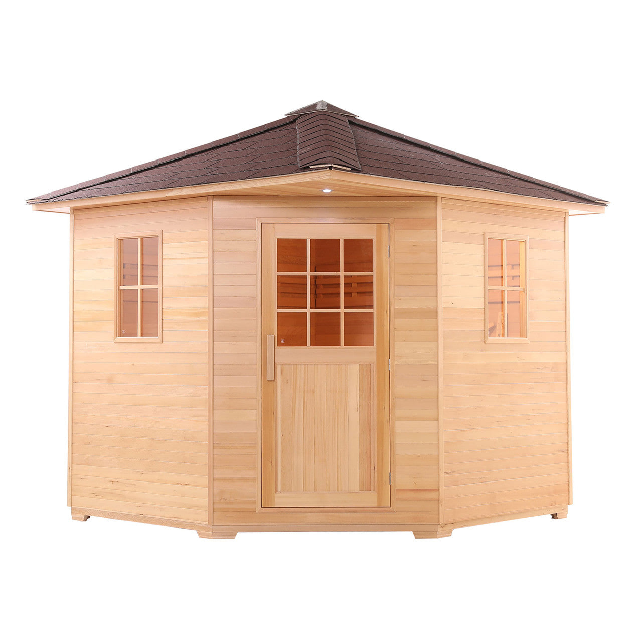 Front view of Aleko Canadian Hemlock Wet/Dry Outdoor Sauna Asphalt Roof 8 Person with 8 kW Electric Sauna Heater.