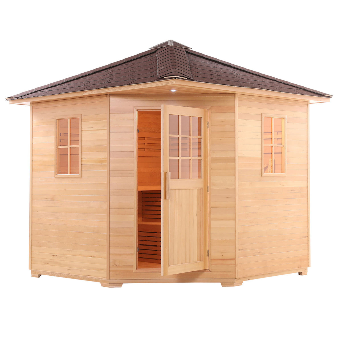 Aleko Canadian Hemlock Wet/Dry Outdoor Sauna Asphalt Roof 8 Person with 8 kW Electric Sauna Heater with the door open.