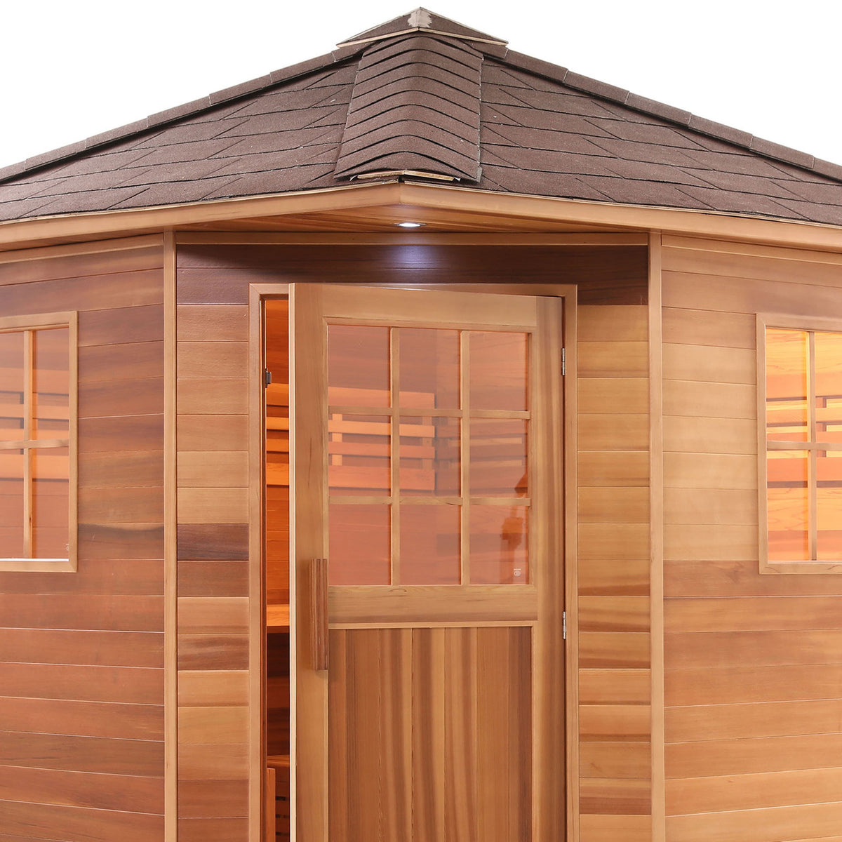 Close up view of the entrance of Aleko Canadian Red Cedar Wet/Dry Outdoor Sauna with Asphalt Roof 8 Person with 8 kW Electric Sauna Heater.