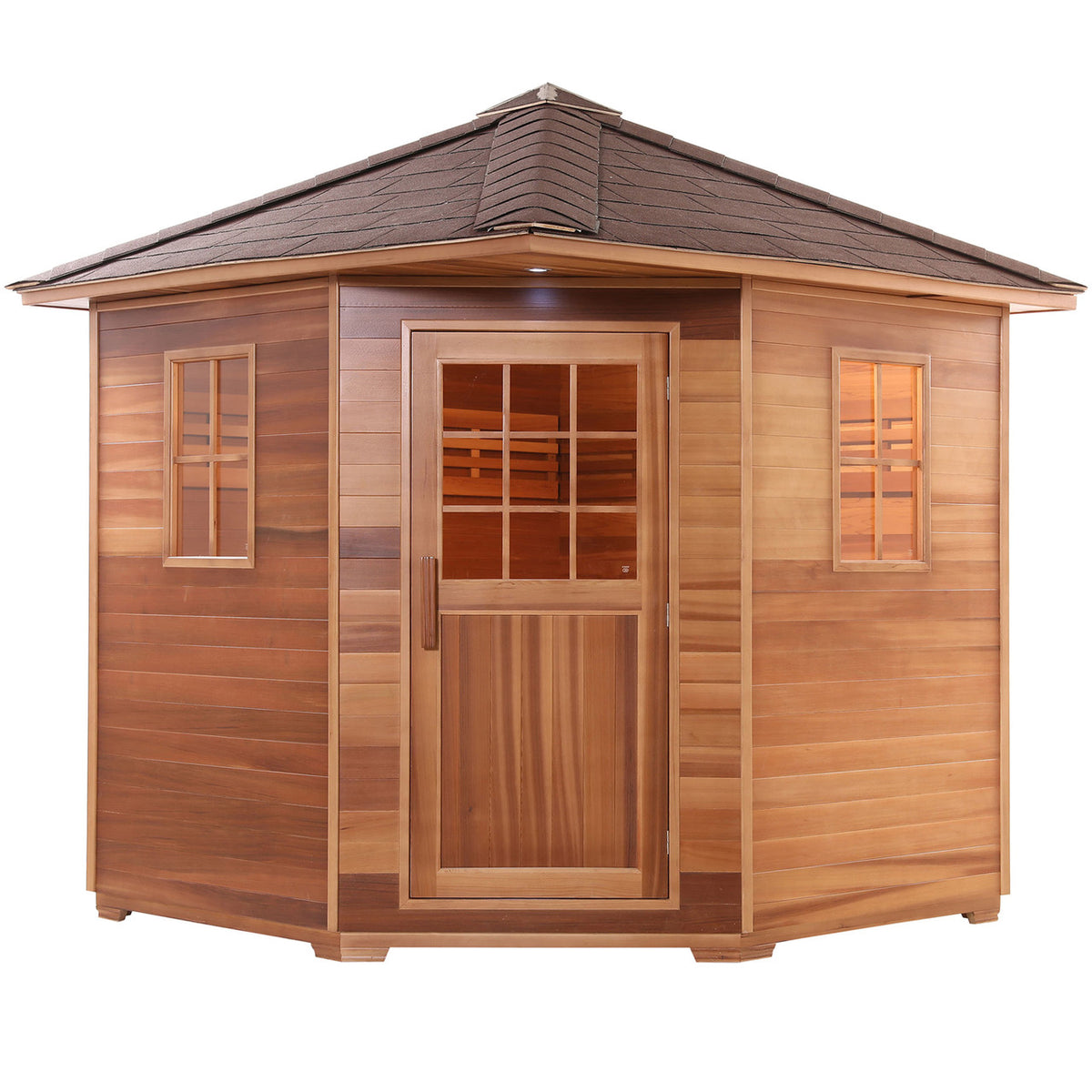 Front view of Aleko Canadian Red Cedar Wet/Dry Outdoor Sauna with Asphalt Roof 8 Person with 8 kW Electric Sauna Heater.