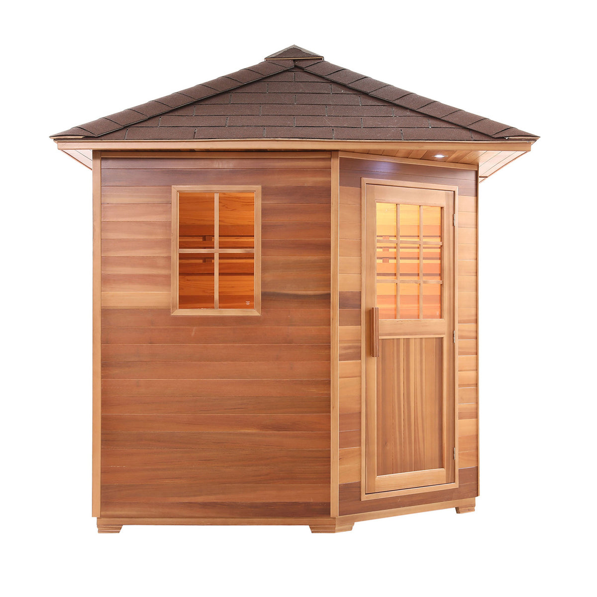 Side view of Aleko Canadian Red Cedar Wet/Dry Outdoor Sauna with Asphalt Roof 8 Person with 8 kW Electric Sauna Heater.