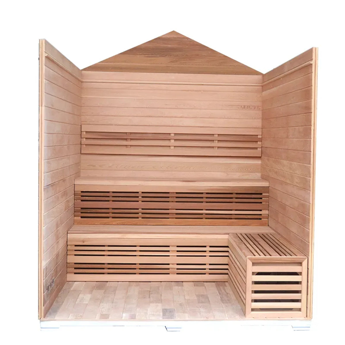 Inside view of Aleko Canadian Red Cedar Stone Finish Wet/Dry Outdoor Sauna 6 Person with 6 kW Electric Sauna Heater.