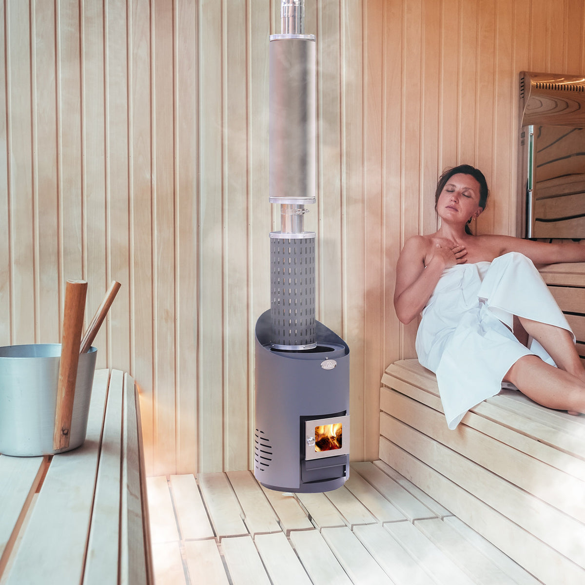 A woman using an Aleko Curved Wood Burning Sauna Heater and Chimney Kit 9-15 kW Equivalent in a sauna.