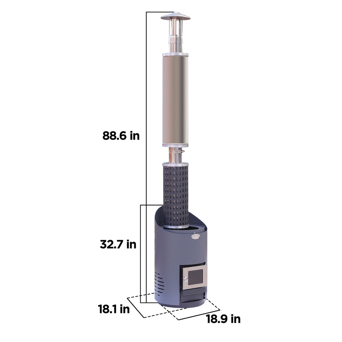 Dimensions of Aleko Curved Wood Burning Sauna Heater and Chimney Kit 9-15 kW Equivalent.