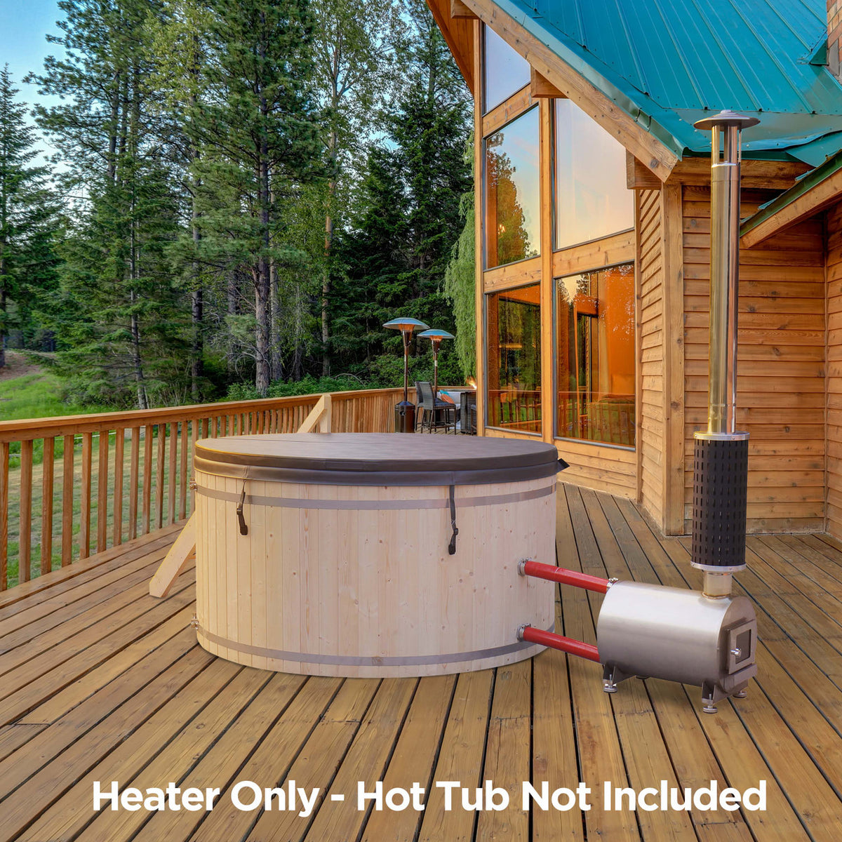 Aleko hot tub with Aleko External Wood-Burning Hot Tub Heater | 10-15 kW Equivalent in an outside setting.