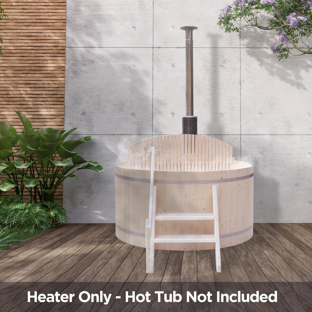 Aleko Hot Tub with Aleko Internal Wood-Burning Hot Tub Heater | 10-15 kW Equivalent in an outdoor setting.