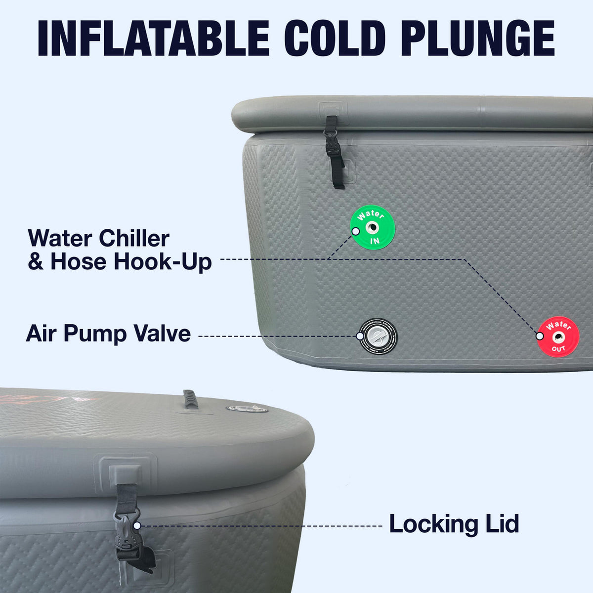 Features of Aleko Inflatable Cold Plunge with Locking Lid and Carry Bag (air pump valve, water chiller and hose hook-up, locking lid).