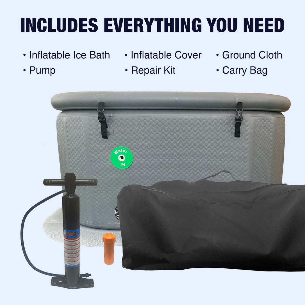 Items included in the Aleko Inflatable Cold Plunge with Locking Lid and Carry Bag package (inflatable ice bath, pump, inflatable cover, repair kit, ground cloth, carry bag).