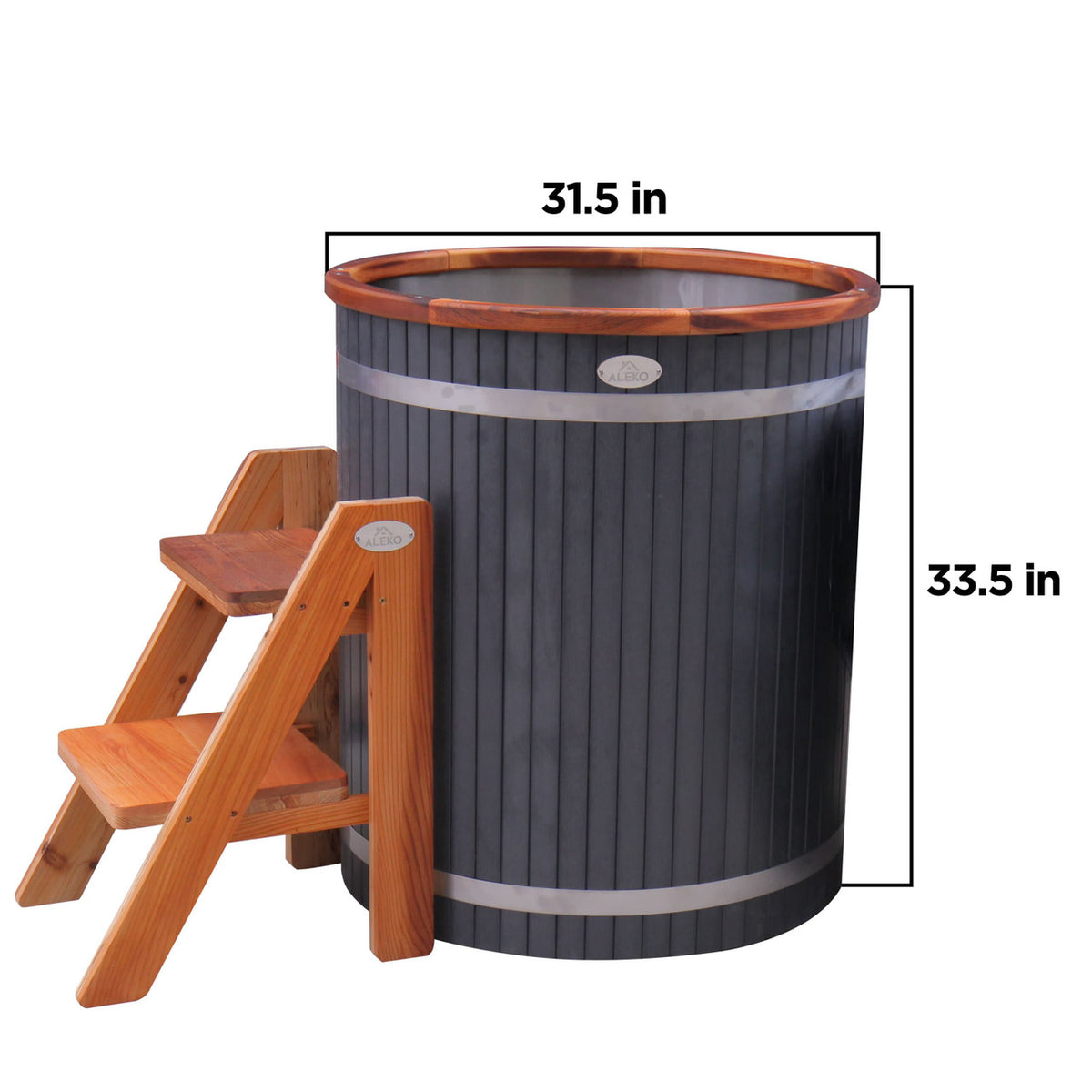 Dimensions of Aleko Outdoor Wooden Ice Bath Cold Plunge Tub.