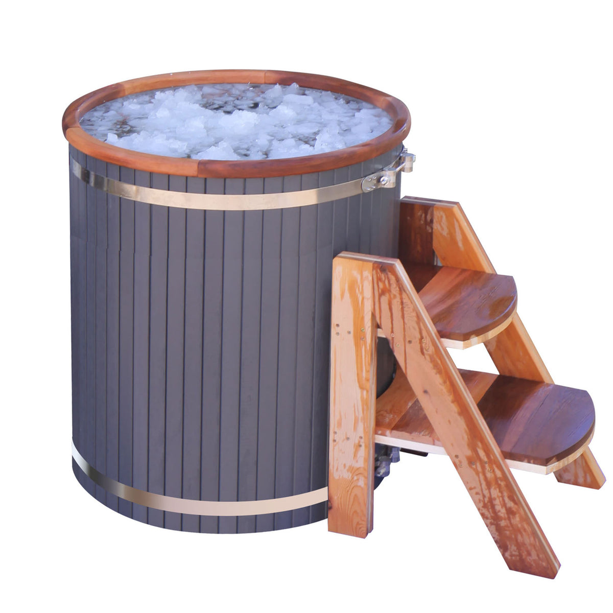 Aleko Outdoor Wooden Ice Bath Cold Plunge Tub filled with water and ice for a cold therapy session. 