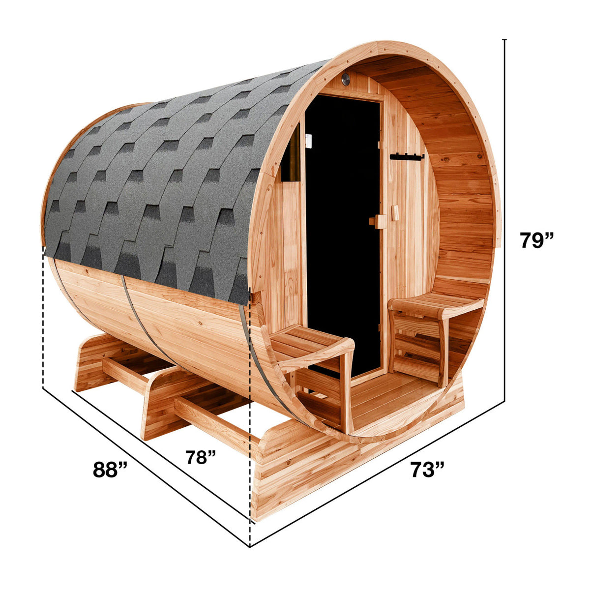 Dimensions of Aleko Red Cedar Wet/Dry 5/6 Person Outdoor Barrel Sauna with Front Porch Canopy and 6 kW KIP Harvia Electric Sauna Heater.