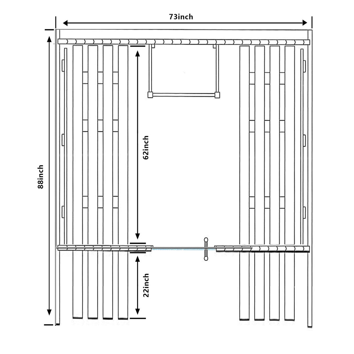 Base view dimensions of Aleko Red Cedar Wet/Dry Outdoor Barrel Sauna with Front Porch Canopy, Panoramic View, Butimen Shingle Roofing and 8 kW KIP Harvia Electric Sauna Heater.