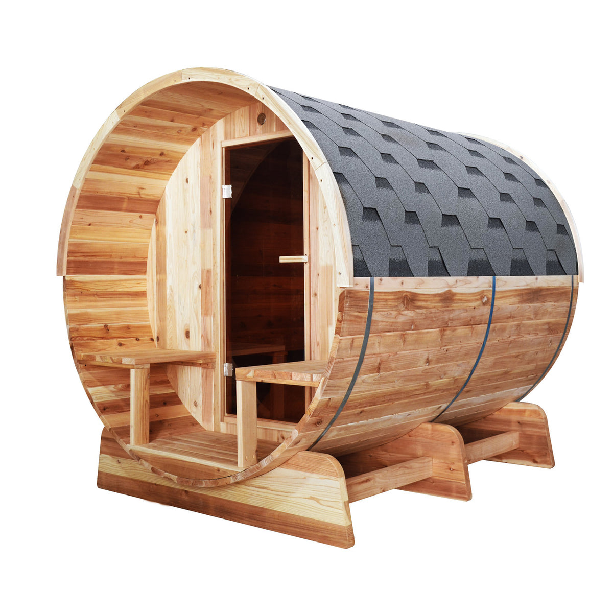 Front view of Aleko Red Cedar Wet/Dry Outdoor Barrel Sauna with Front Porch Canopy, Panoramic View, Butimen Shingle Roofing and 8 kW KIP Harvia Electric Sauna Heater.