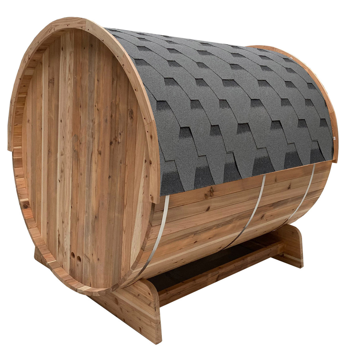 Back view of Aleko Rustic Cedar 3/4 Person Outdoor Barrel Sauna with Front Porch Canopy and 4.5 kW Electric Sauna Heater.