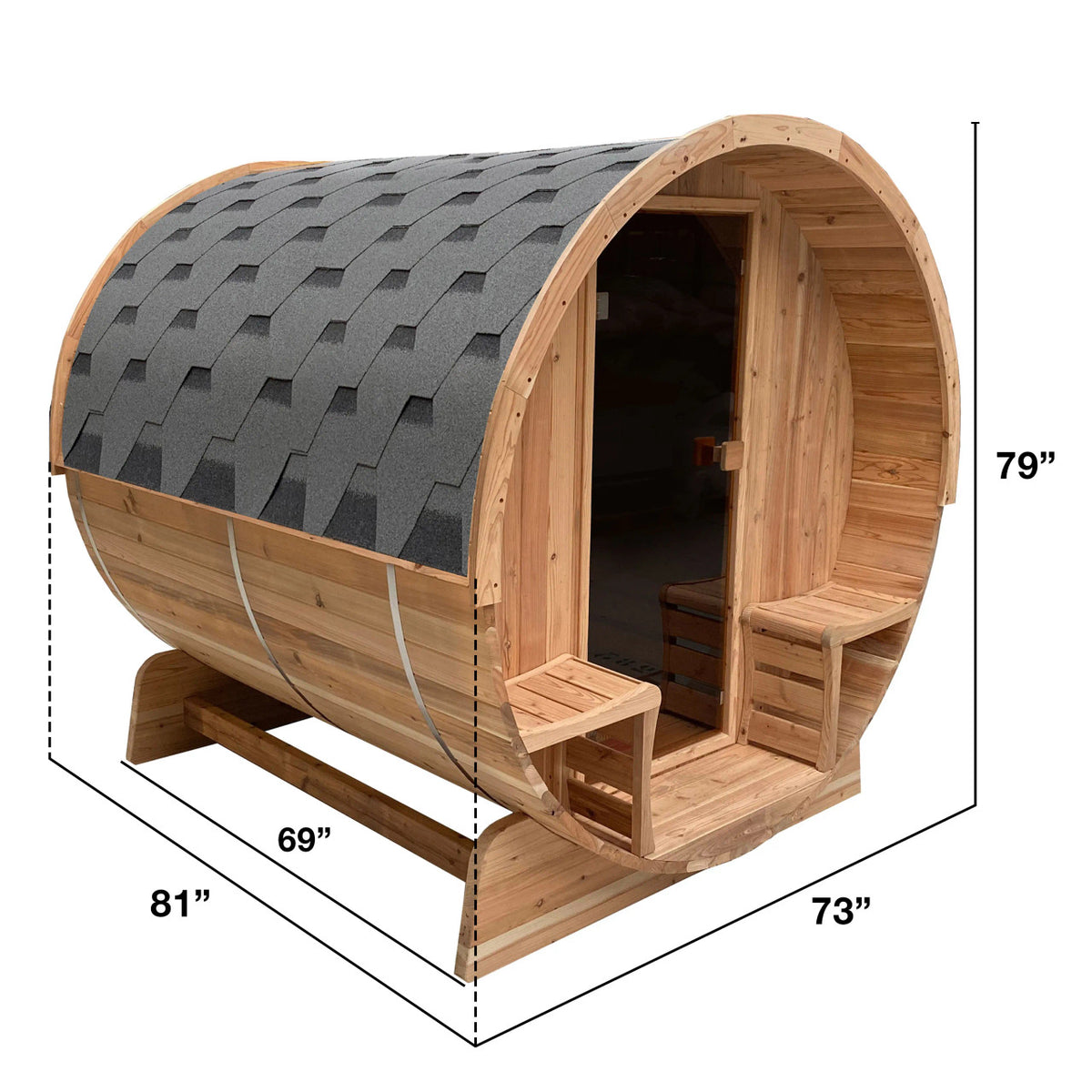 Dimensions of Aleko Rustic Cedar 3/4 Person Outdoor Barrel Sauna with Front Porch Canopy and 4.5 kW Electric Sauna Heater.