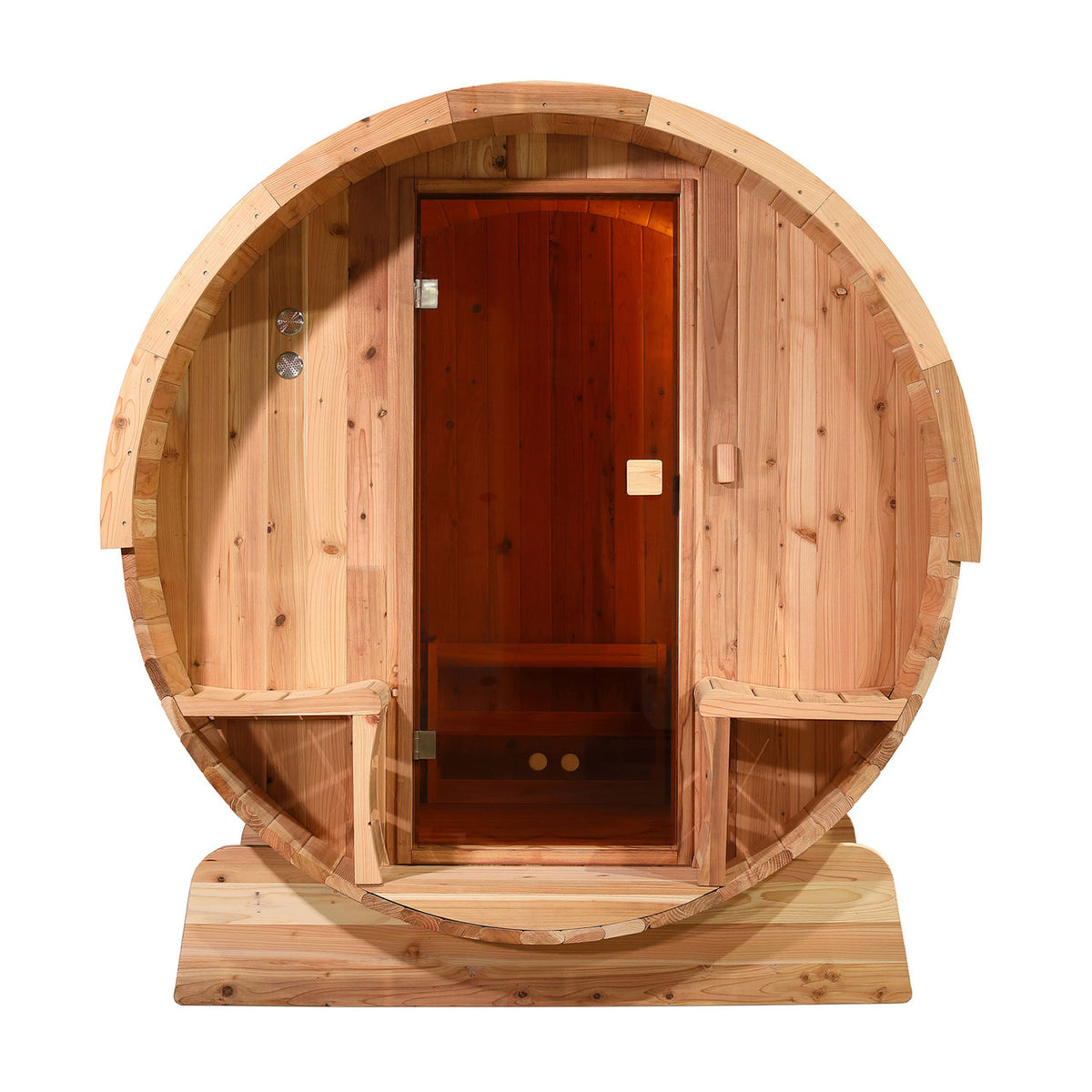 Front view of Aleko Rustic Cedar 3/4 Person Outdoor Barrel Sauna with Front Porch Canopy and 4.5 kW Electric Sauna Heater.