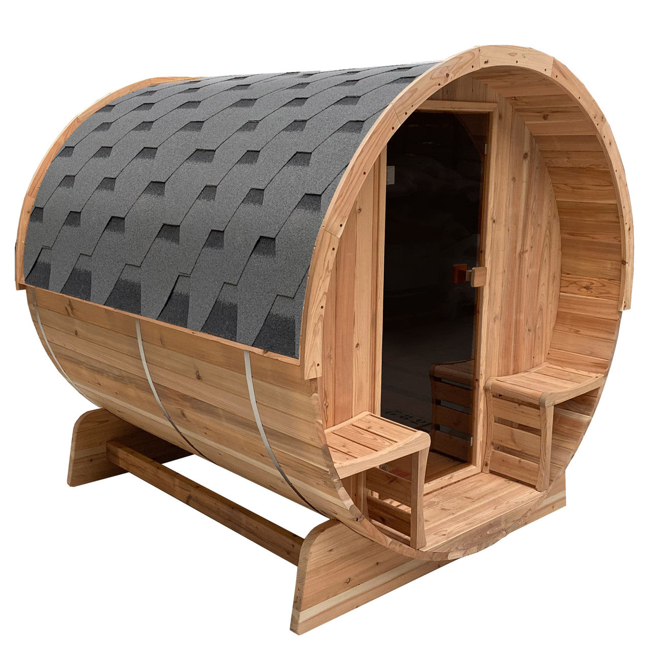 Main view of Aleko Rustic Cedar 3/4 Person Outdoor Barrel Sauna with Front Porch Canopy and 4.5 kW Electric Sauna Heater.