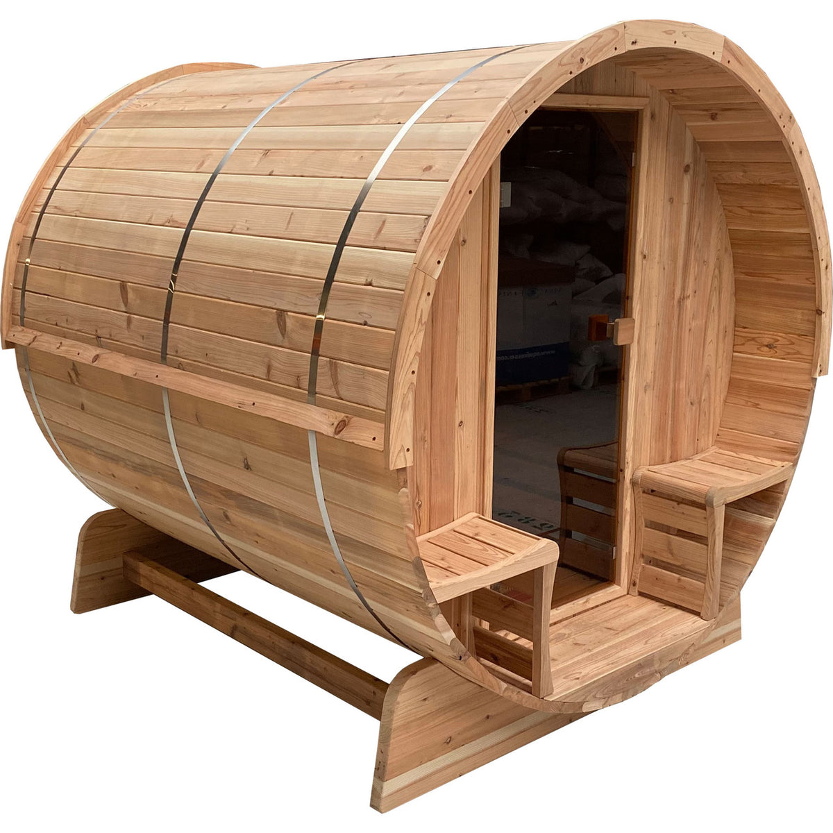 Side view of Aleko Rustic Cedar 3/4 Person Outdoor Barrel Sauna with Front Porch Canopy and 4.5 kW Electric Sauna Heater.