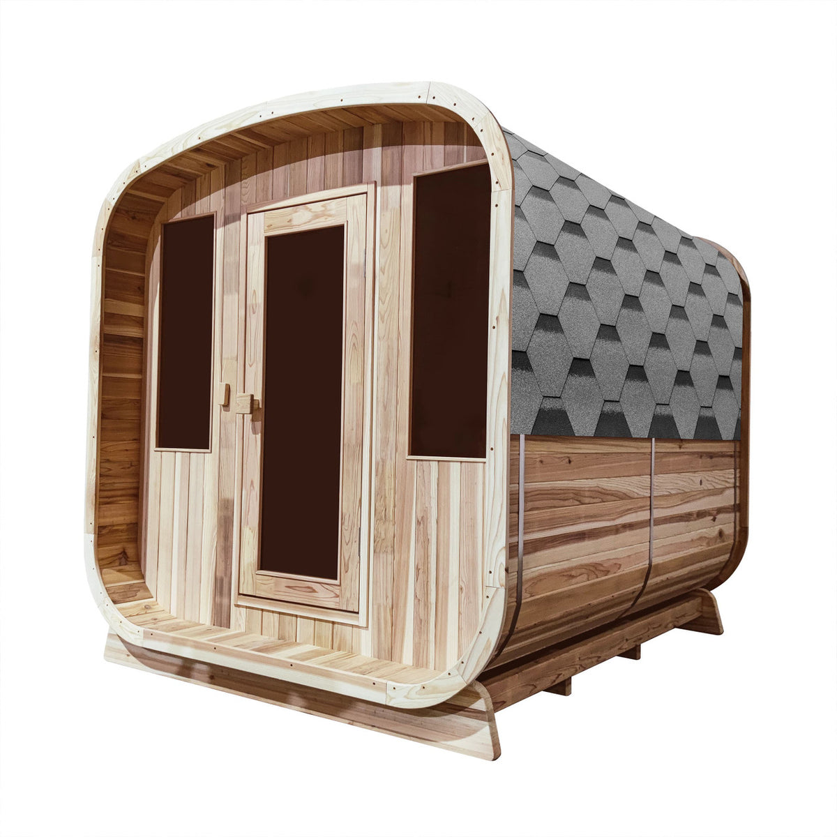 Front view of Aleko Rustic Cedar Square Outdoor Sauna 4 Person with 4.5 kW Electric Sauna Heater.