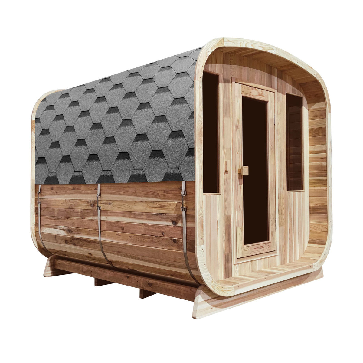 Side view of Aleko Rustic Cedar Square Outdoor Sauna 4 Person with 4.5 kW Electric Sauna Heater.