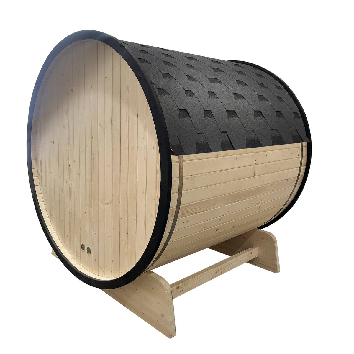 Back view of Aleko White Finland Pine 3/5 Person Traditional Outdoor Barrel Sauna with Black Accents, Front Porch Canopy and 4.5 kW Harvia KIP Electric Sauna Heater.