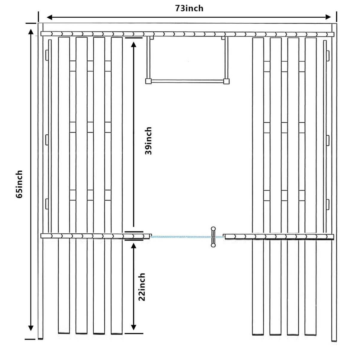 Base view dimensions of Aleko White Finland Pine 3/5 Person Traditional Outdoor Barrel Sauna with Black Accents, Front Porch Canopy and 4.5 kW Harvia KIP Electric Sauna Heater.