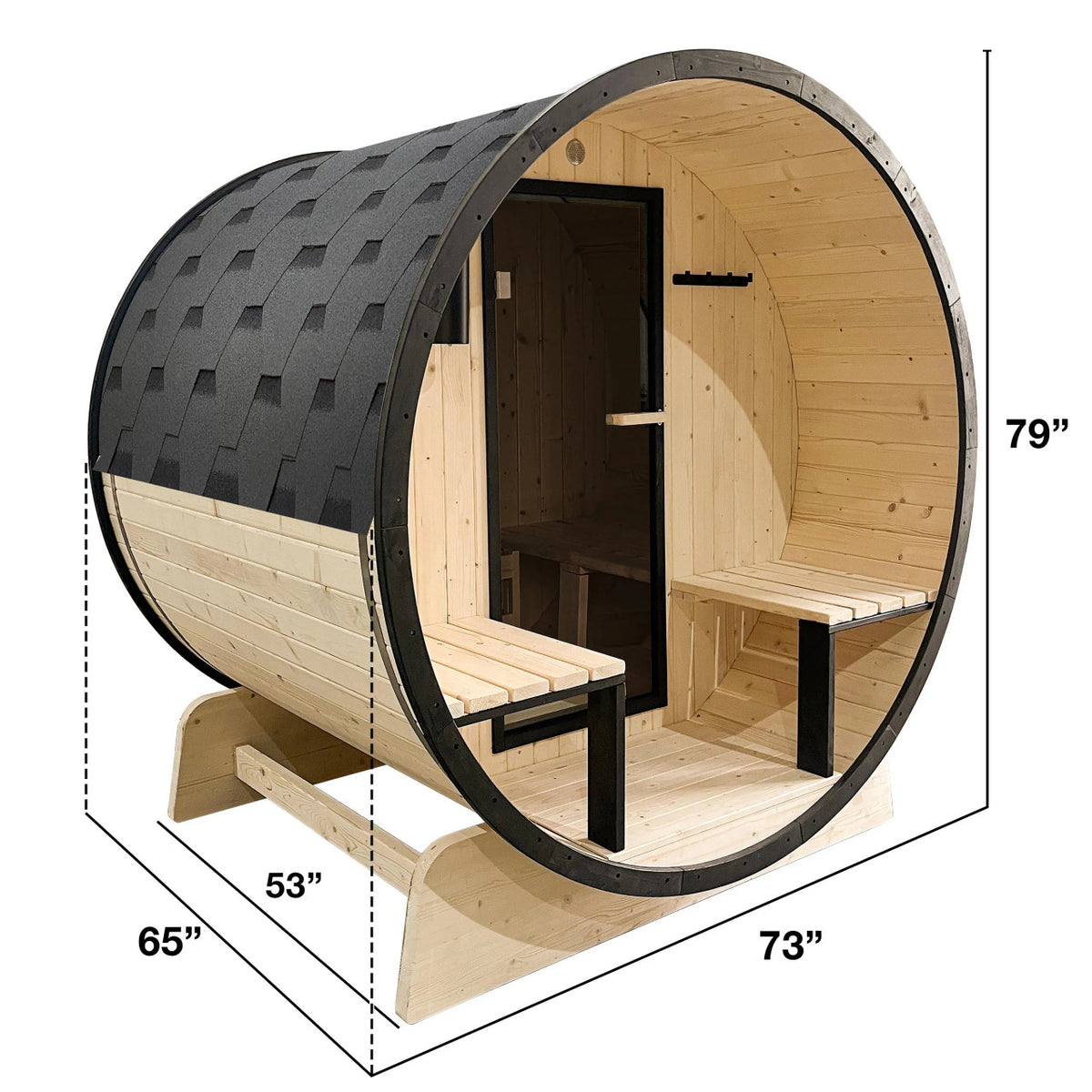 Dimensions of Aleko White Finland Pine 3/5 Person Traditional Outdoor Barrel Sauna with Black Accents, Front Porch Canopy and 4.5 kW Harvia KIP Electric Sauna Heater.