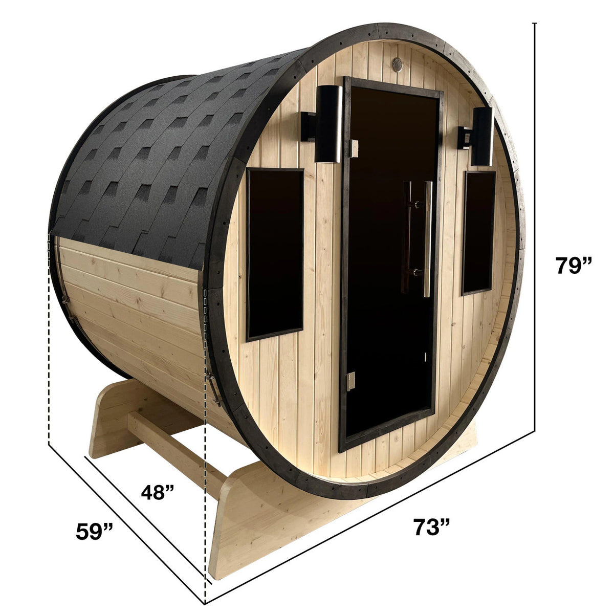 Dimensions of Aleko White Finland Pine 3/4 Person Outdoor Barrel Sauna with Black Accents and 4.5 kW Harvia KIP Electric Sauna Heater.