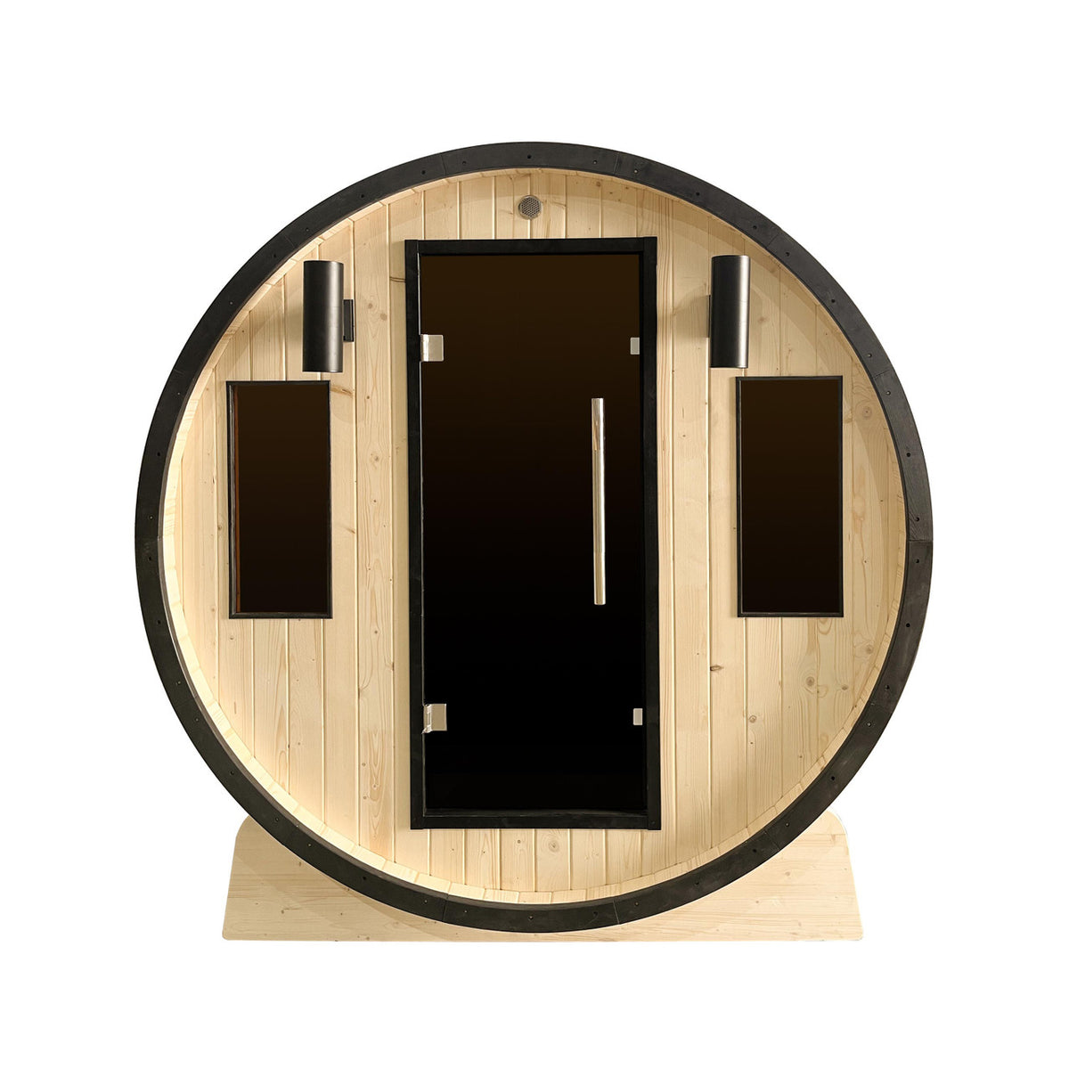 Front view of Aleko White Finland Pine 3/4 Person Outdoor Barrel Sauna with Black Accents and 4.5 kW Harvia KIP Electric Sauna Heater.